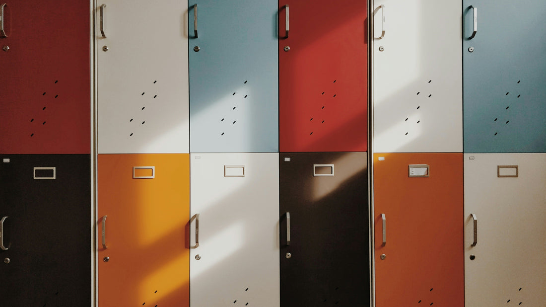 Two rows of multicolored school lockers on top of each other