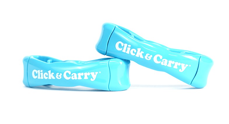 Two blue Click & Carry grocery and shopping bag holders leaning on each other on a white background