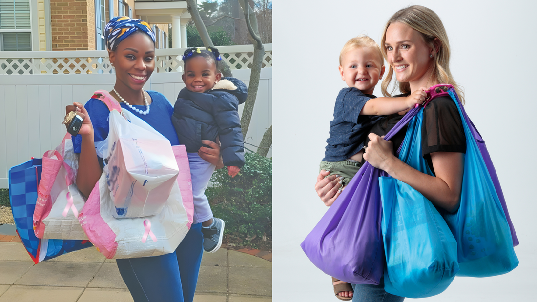 Split screen showing two mothers carrying many grocery bags over their shoulder while holding their babies