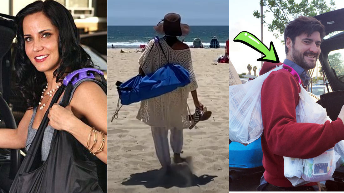 Three images of people using the Click & Carry handle to carry heavy grocery bags, beach chairs, and multiple paint cans