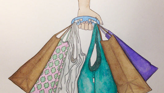 Illustration of a blue Click & Carry hauling handle being used to lift many shopping bags in one hand