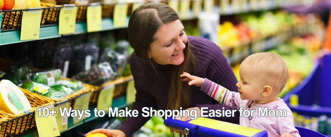 Mother in a grocery store smiling at her baby, who is sitting in a shopping cart