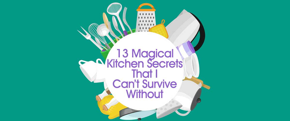 White circle with "13 Magical Kitchen Gadgets I Can’t Live Without" surrounded by kitchen gadgets on a blue-green background