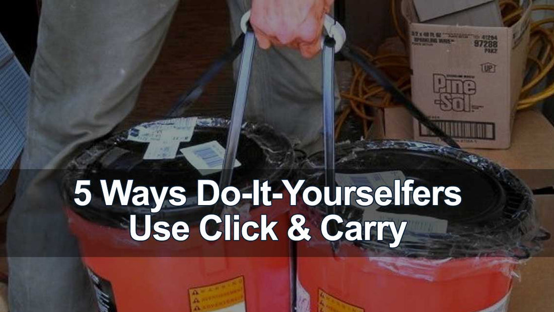 Heavy duty handle being used to lug two red buckets in one hand with text saying "5 Ways Do-It-Yourselfers Use Click & Carry"